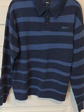 Vans Men's Navy and Blue Striped Long Sleeve sweater